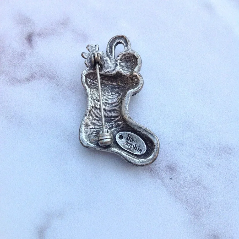 Lia Sophia Pave Crystal CHRISTMAS BROOCH Stocking w Candy + Gifts